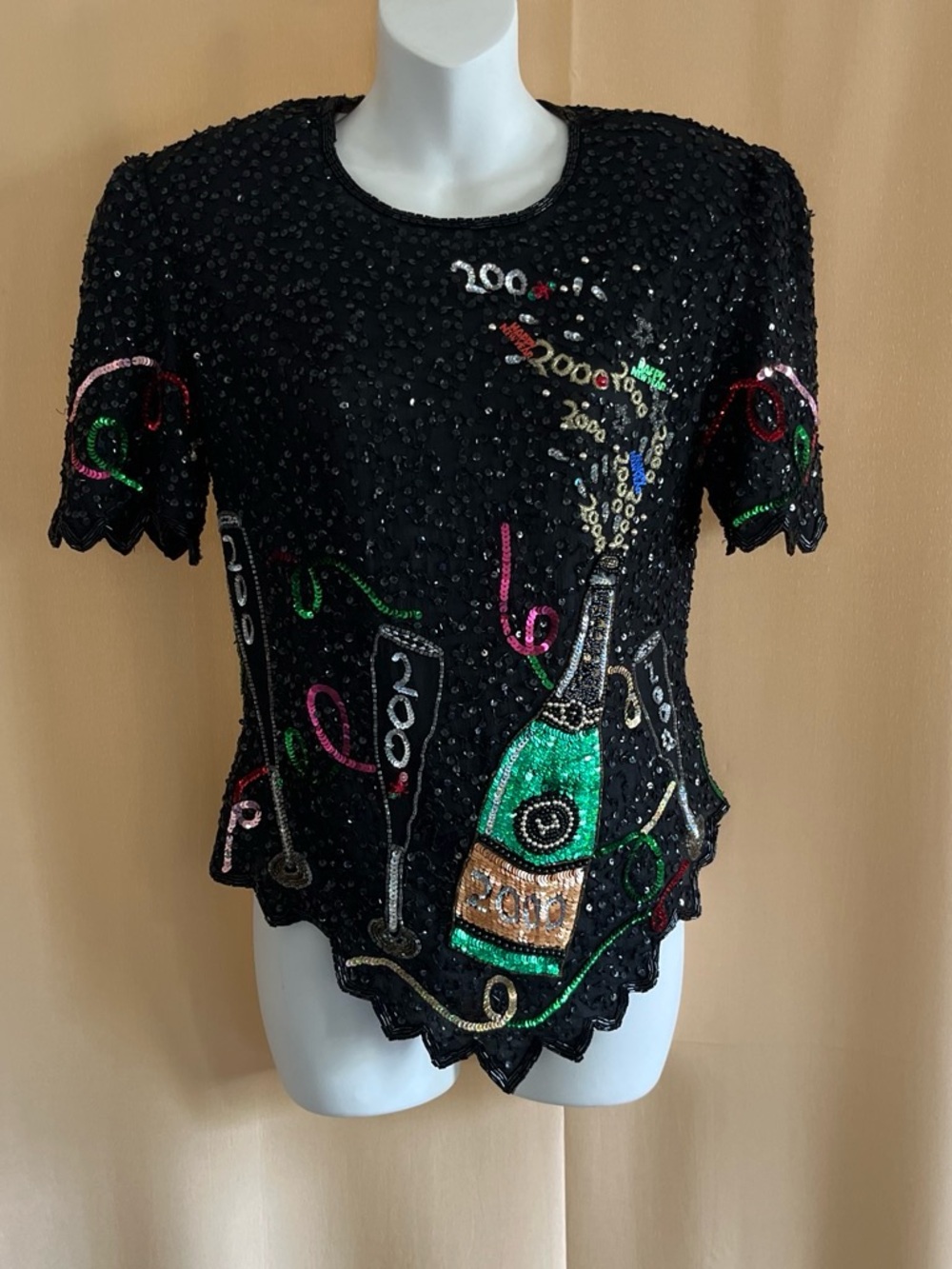 Laurence Kazar Black Sequin Champagne Celebration Top